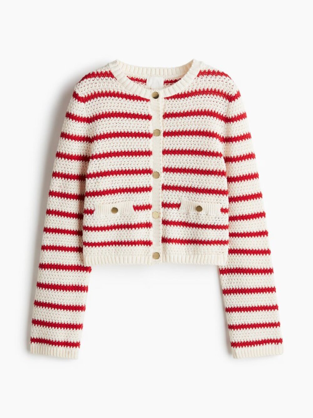 H&M Cream and Red Striped Crochet Button-Front Cardigan Size L NWT